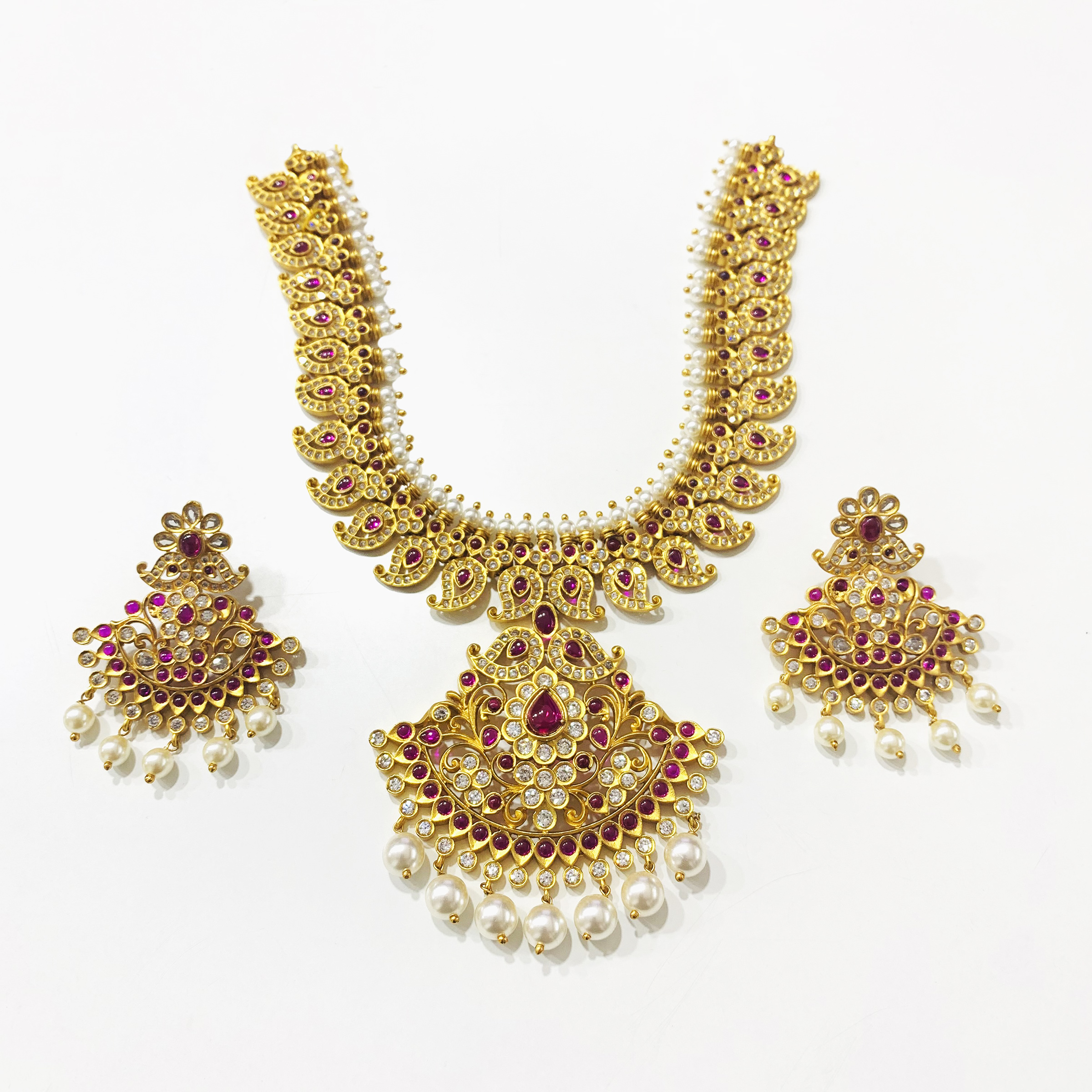 24K Gold Plated Handcrafted Ruby & White CZ Studded Necklace Set