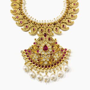 24K Gold Plated Handcrafted Ruby & White CZ Studded Necklace Set